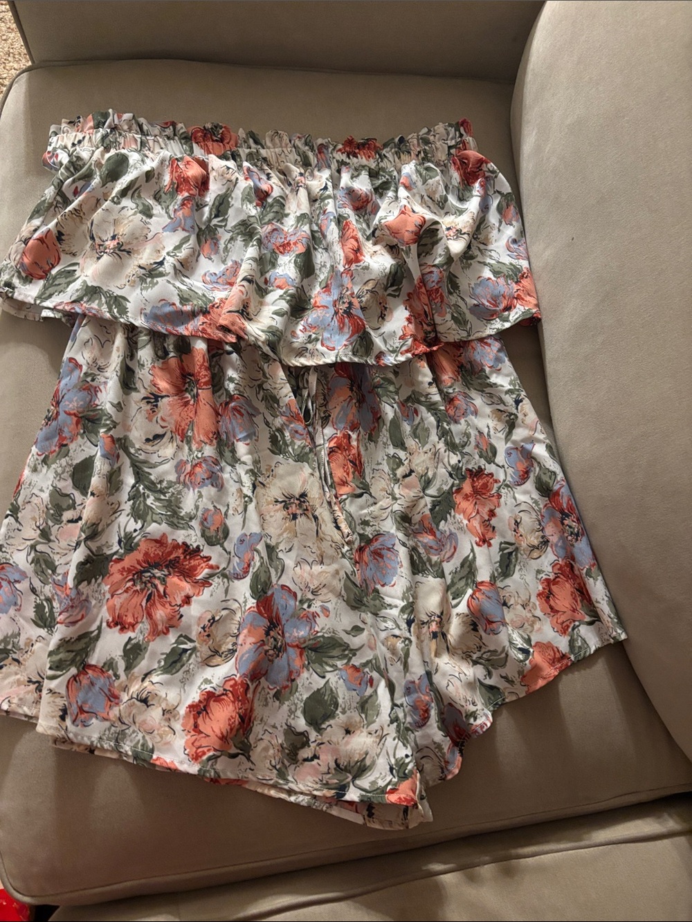 SHEIN Cream Floral Strapless One Piece Shorts Romper- Coral & Green Accents